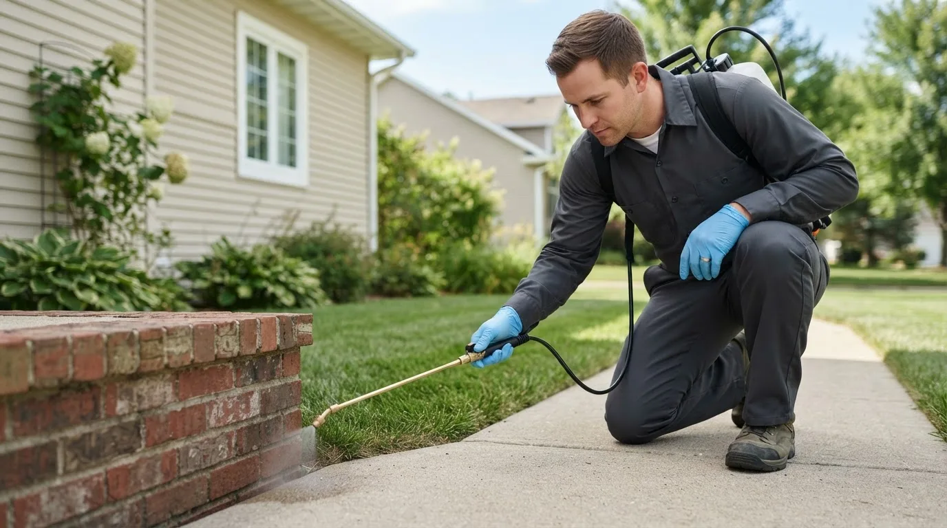 Pest control technician treating a home near Conway, MO